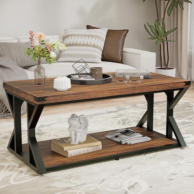 Modern Industrial Coffee Table for Living Room 43" Rectangle Accent Center Table with Storage Shelf & Metal Frame, Heavy Duty 2-Tier Cocktail Table Rustic Brown