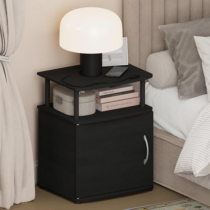 Furinno Jaya Night Stand with Door, Nightstand with Open Shelf and Door Cabinet, Round Corner Bedside Table, Side Table, End Table, for Bedroom, Closet, Dorm, Black by Furinno-FitsYourSpaceFitsYourBudget