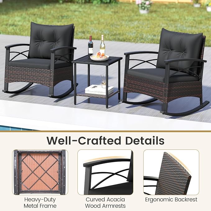 Tangkula 3 Piece Rattan Rocking Chair Set, Patio Rocker Bistro Set with Acacia Wood Tabletop & Armrests, 2 Outdoor Cushioned Armchairs w/Double-Tier Side Table for Porch, Balcony, Backyard - Image 8