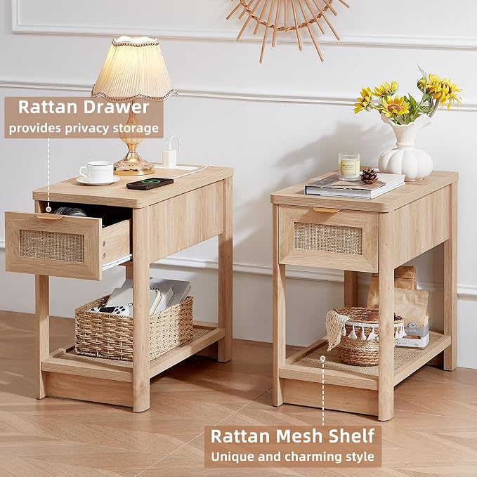 Lerliuo Rattan Night Stand Set of 2, Narrow Nightstand with Charger Station, Boho Bed Side End Table with Drawer Rattan Shelf for Small Spaces, Natural Wood Bedside Tables for Living Room Bedroom - Image 4