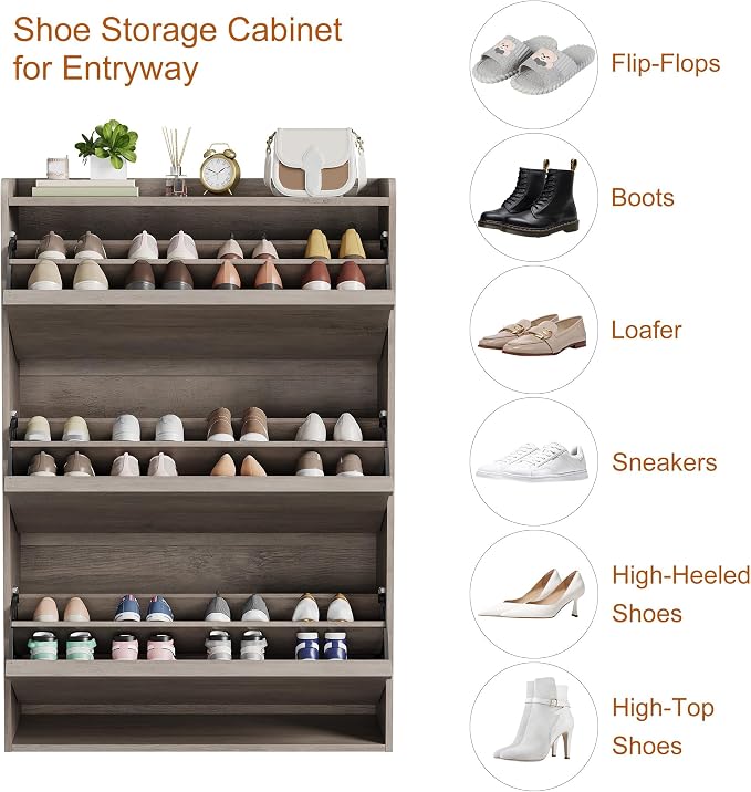 GarveeHome Shoe Cabinet with 3 Flip Drawers, Wooden Shoe Organizer Cabinet with Adjustable Shelf, Shoe Storage for Entryway, Hidden Shoe Cabinet for Hallway, Living Room, Grey - Image 6