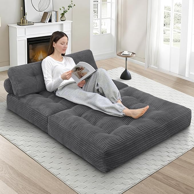 Folding Sofa Bed, Convertible Sleeper Chair with Pillow & Handle, Foldable Mattress Futon Chair Bed Lounge with Back Support, Comfy Floor Sofa for Living Room Bedroom, Grey, Full