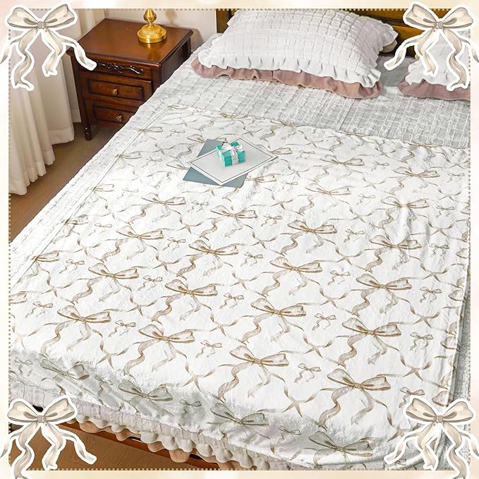 Buryeah Beige Bow Throw Blanket Valentine's Day Galentines Day Gifts Preppy Blanket Coquette 50 X60 Flannel Soft Cute Bow Lightweight Aesthetic Room Decor for Women Friends for Sofa Couch Travel Bed