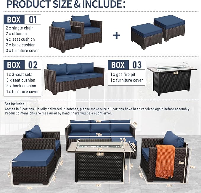 6-Piece Patio Furniture Set Outdoor Furniture Set with 45'' Propane Gas Fire Pit Table Outdoor Conversation Set Wicker Sofa Set Non-Slip Cushions Waterproof Covers, Navy Blue