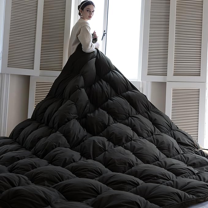 KAKABELL Pinch Pleat Goose Down Feathers Fiber Comforter King Size All Season-Ultra Soft and Cozy Noiseless Duvet Insert with Egyptian Cotton Blend Cover,Fluffy Warm Comforter Insert(Black,90"X106")