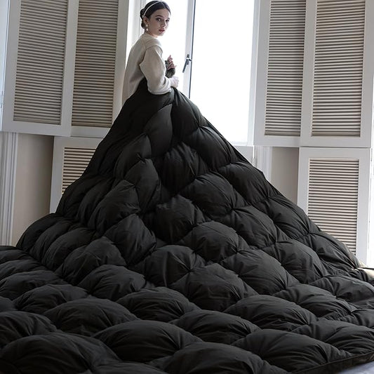 KAKABELL Pinch Pleat Goose Down Feathers Fiber Comforter Cal King Size All Season-Ultra Soft and Cozy Noiseless Duvet Insert with Egyptian Cotton Blend Cover,Fluffy Warm Comforter (Black,98"X108")