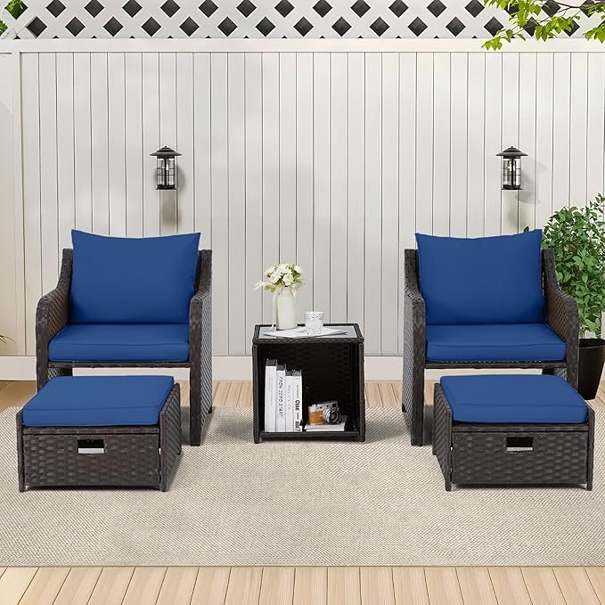 HOMREST 5 Piece Balcony Furniture, All Weather PE Wicker Rattan Patio Furniture Set, Cushioned Patio Chairs Set of 2 w/Ottoman&Table, Outdoor Lounge Chair for Lawn Pool Balcony, Navy Blue