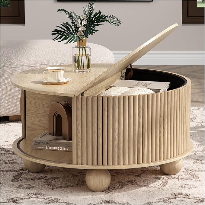 Round Coffee Table with Storage, 31.5" Mid Century Modern Coffee Table with Sliding Door & Bun Feet, Minimalist Fluted Center Table for Living Room, Home Small Space, Oak