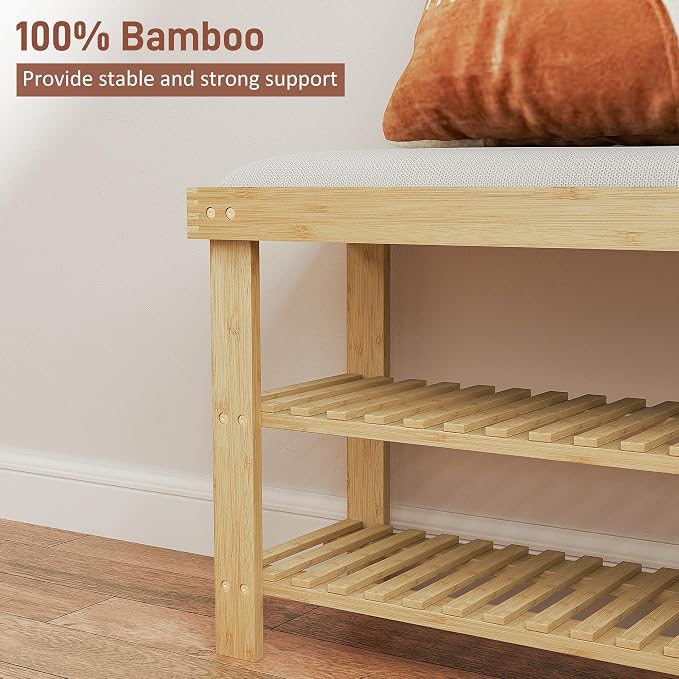 HOMCOM Bamboo Shoe Bench, 3-Tier Entryway Bench with Storage and Cushion, Shoe Organizer for Entryway, Hallway, Holds Up to 331 lbs, 35.4 x 11.4 x 19.3 Inches, Natural - Image 6