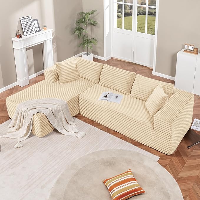 LUCKLIFE Modular Sectional Couch with L-Shape Chaise,Corduroy Upholstery Boneless Couches for Living Room,Oversized Sleeper Sofa,No Assembly Required (Beige, L Shape with Left Facing Chaise)