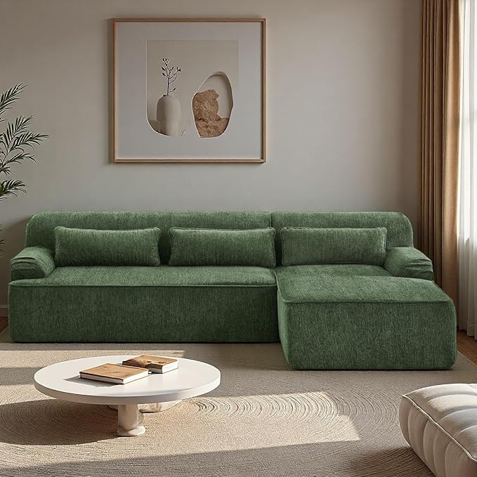 L-Shaped Sectional Sofa, Luxury Upholstered Chenille 3-Seater Sofa with Right Chaise Lounge & 3 Lumbar Pillows, Modern Comfy Oversized Couch with Side Pocket for Living Room, Apartment, Green