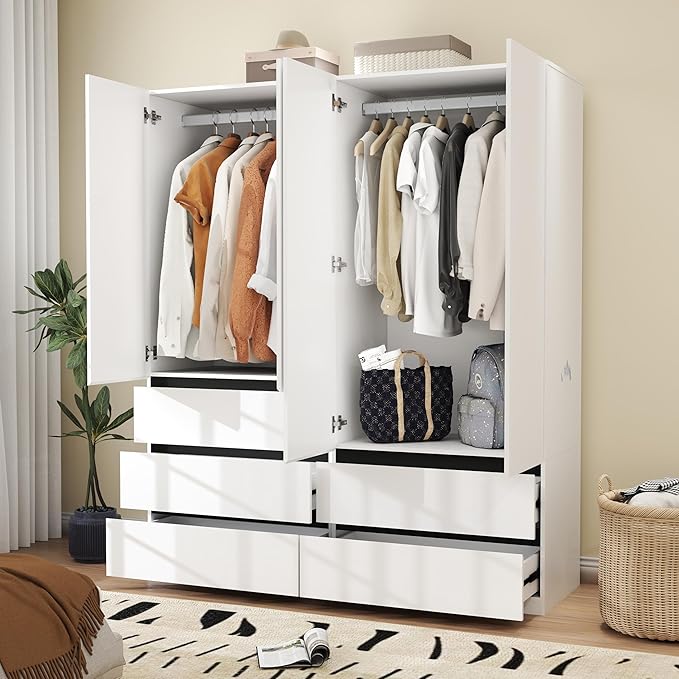Modern Wardrobe Closet with 4 Doors: 75" White Armoire with 5 Drawers, Wooden Wardrobe for Hanging Clothes, Tall Storage Cabinet with Shelves and Hanging Rod (A+B, 63")