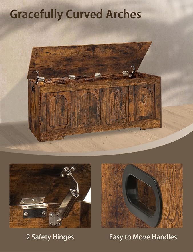 DINZI LVJ Storage Chest, 47.2”Wooden Storage Box with 2 Safety Hinges, Entryway Shoe Bench with Flip-Top, Large Trunk for Living Room, Bedroom, Easy Assembly, Rustic Brown - Image 8