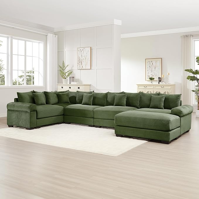 KEIKI 146" U-Shaped Oversized Corduroy Modular Cloud Sectional Sofa with 1 Ottoman, High-Density Foam Cushion, Extra-Thick Armrest, 5-Seater Fluffy Corner Couch with 18 Pillow, for Living Room, Green