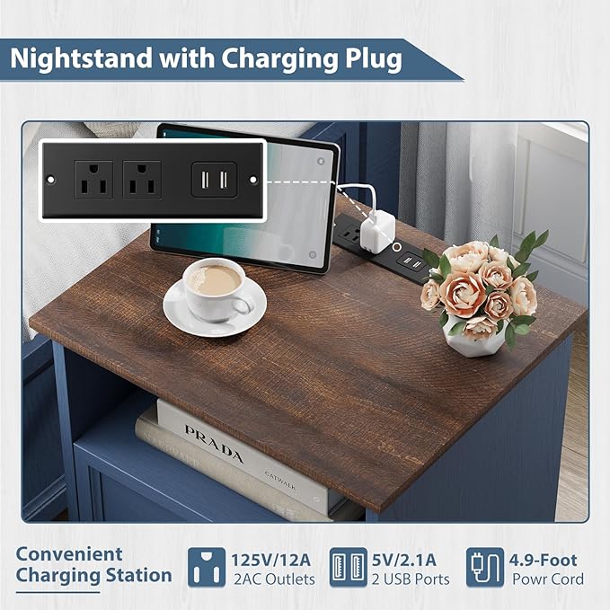 Bedroom Set, 3 Pieces Bedroom Furniture Set, Wood 7 Drawer Dresser and Nightstands with Charging Station, Farmhouse Storage Organizer Cabinet for Bedroom, Blue