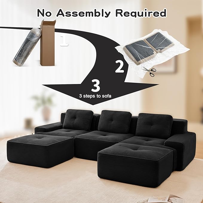Casaphoria 115'' Black Modular Sofa Set, 3-Seat U-Shaped Corduroy Couch with 2 Ottomans for Large Living Room No Assembly Required Deep Seat Sectional Couch