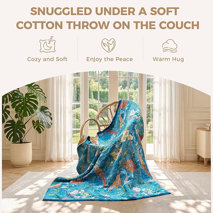 LUTBM Boho Throw Blanket for Bed Cotton Spring Blankets for Bedroom Living Room Twin All Season Lightweight Floral Birds Embroidery Quilt for Couch Sofa Chair 60"x80"