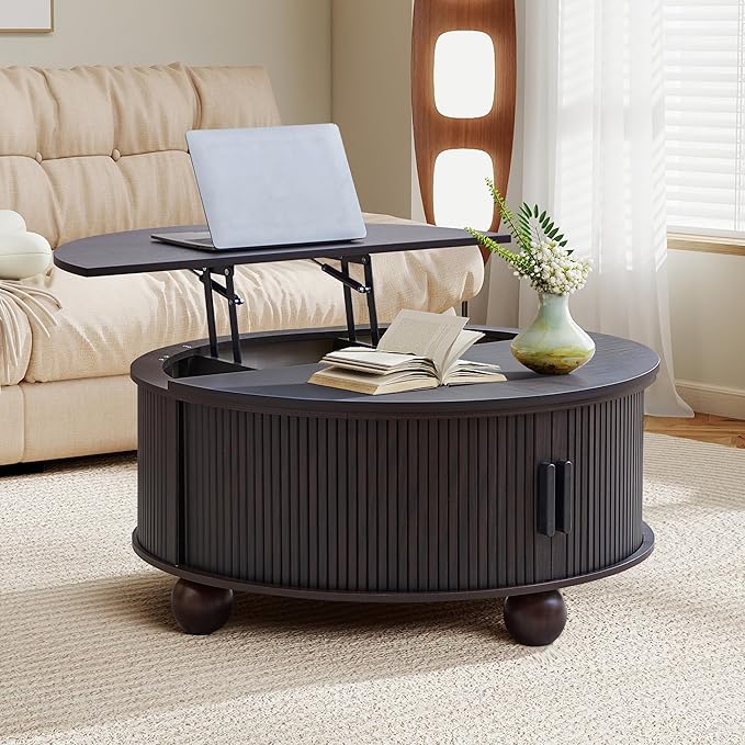 Round Lift Top Coffee Table with Hidden Storage, 33.5'' Mid-Century Modern Fluted Coffee Table with Sliding Tambour Door & Solid Wood Legs, Circle Center Table for Living Room, Small Space (Black)