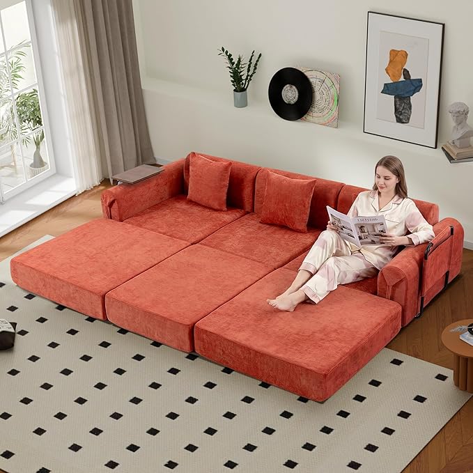 100" Convertible Sleeper Sofa Bed, Oversized Modular Sectional Cloud Sofa with Fixed-Shape Frame & Tabletop, Boneless Couch with Storage Pocket for Living Room, No Assembly Required, Orange