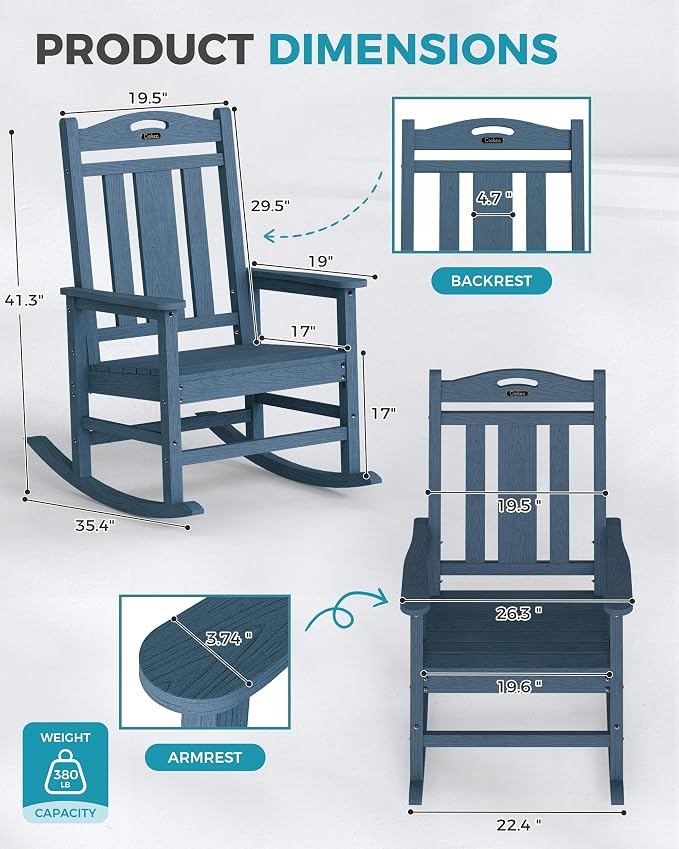 Ciokea Oversized Outdoor Rocking Chairs Set of 4, 380lbs Heavy-Duty Large Patio Rocker, High Back Cozy Porch Chairs, Weather Resistant Patio Rocking Chairs for Outside, Fire Pit, Deck, Slate Blue - Image 3