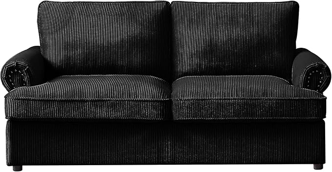 Reversible Sleeper Sofa Bed with Comfortable Memory Foam Mattress, Convertible Corduroy Full Size Pull Out Couch for Living Room, Space Saving Furniture, 76" Wide, Rounded Arms, Black