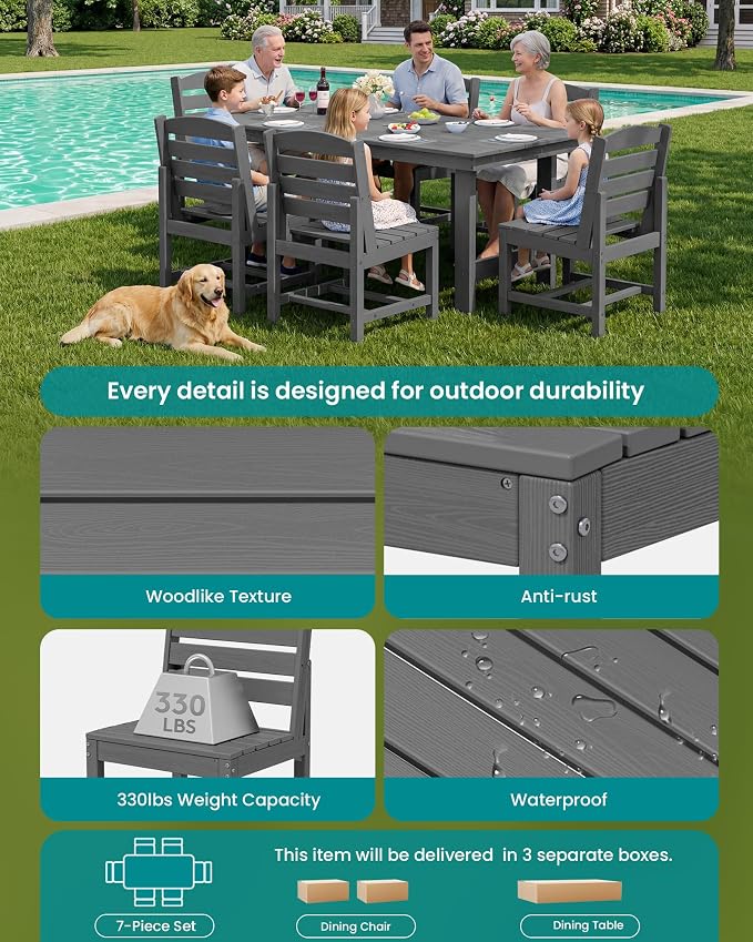 SERWALL Patio Dining Sets for 6 Person, HDPE Dining Set with 6 Armless Chairs, Gray - Image 7