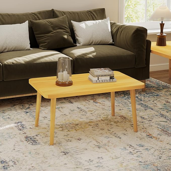 Square Coffee Table Low Table with 4 Solid Wood Sturdy Legs,Floor Table Desk for Sitting on The Floor,19.7"D x 31.5"W x 16"H Inches,Living Room/Toy room Furniture,Rental house Furniture(Natural)