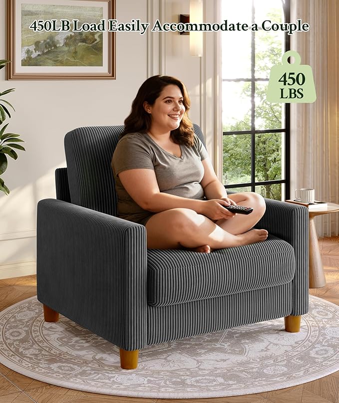 35.3" Couches for Living Room, Comfy Grey Couch Single with 22.5" Deeper Seat, Accent Chair Tool-Free Setup, Reading Chair 440lbs Support, Corduroy Couch for Bedroom, Apartment, Office