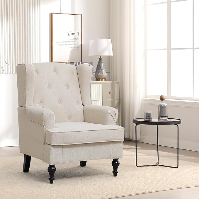 Accent Chair Set of 2, Mid Century Modern Fabric Wingback Chair, Upholstered Armchair with High Back and Vintage Legs, Comfy Single Sofa Side Reading Chair for Living Room Bedroom, Khaki