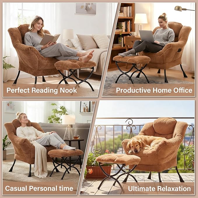 Cozy Lazy Chair and Ottoman, Large Contemporary Plush Brown Accent Chair Set, Modern Leisure Upholstered Reading Armchair for Bedroom, Living Room, Dorm Rooms, Office, Balcony