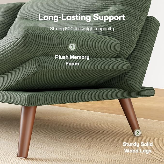 Marsail 66.1" Futon Sofa Bed, Corduroy Convertible Futon Couch with Adjustable Backrest & Armrests, Small Sleeper Sofa Loveseat for Small Apartments, Study Room, Office, Green