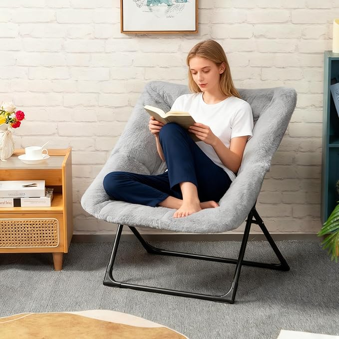 HollyHOME Comfy Oversized Saucer Chair, Extra Large Folding Lounge Chair for Adults, Foldable Accent Lazy Chair for Living Room, Bedroom, Dorm, Collapsible Reading Chair for Teens Kids, X-Large,Grey