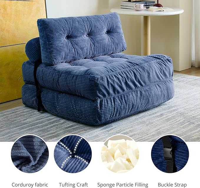 Folding Sofa Bed, Convertible Sleeper Chair with Pillow, Foldable Mattress with Back Support, Portable Floor Sofa Lounge for Living Room Bedroom Dorm