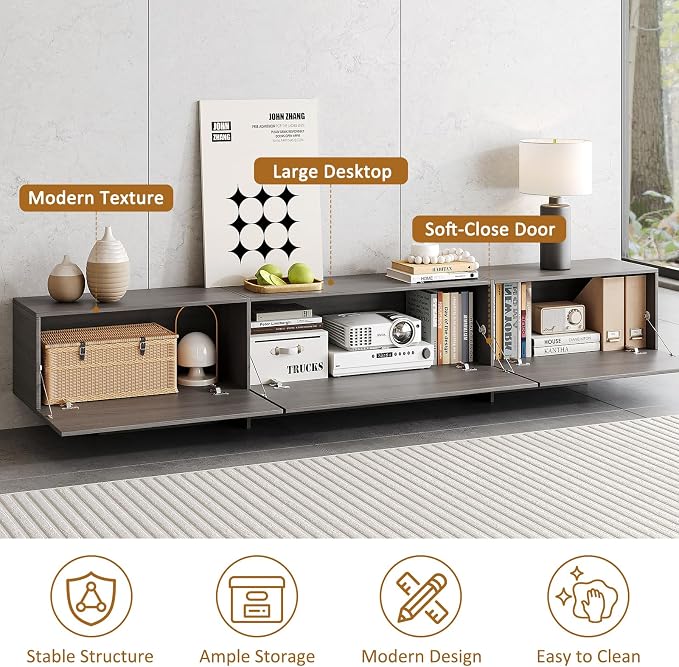 76.4'' Modern TV Stand for Living Room, Mid Century Modern TV Console,Entertainment Center with 3 Drawers, Large Storage Cabinet Table, Media Cabinet for Living Room, Bedroom, Grey - Image 3