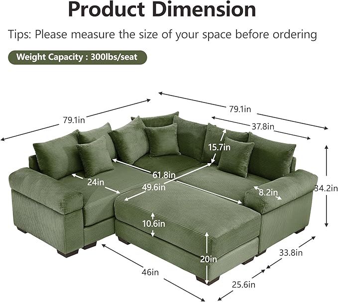 KEIKI 79" L-Shaped Oversized Corduroy Modular Cloud Sectional Sofa with 1 Ottoman, High-Density Foam Cushion, Extra-Thick Armrest, 3-Seater Fluffy Corner Couch with 10 Pillow, for Living Room, Green