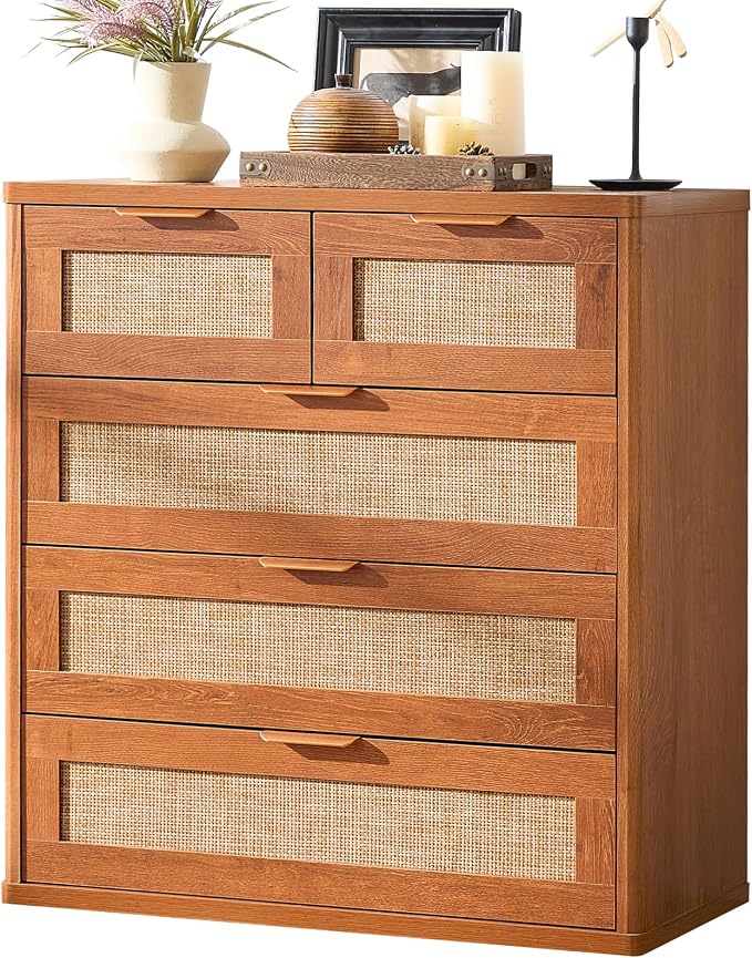LEYAOYAO Rattan Dresser for Bedroom, 33.5" Tall Chest of Drawers, Modern 5 Drawers Boho Dressers with Storage, Vintage Brown Dresser Wooden Closet Organizer for Living Room, Hallway by LEYAOYAO-Findtheshiningpointofyourideallife%EF%BC%81