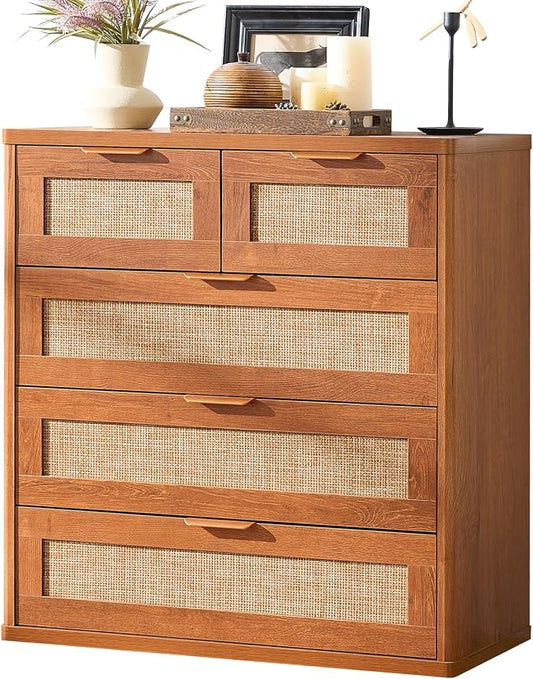 LEYAOYAO Rattan Dresser for Bedroom, 33.5" Tall Chest of Drawers, Modern 5 Drawers Boho Dressers with Storage, Vintage Brown Dresser Wooden Closet Organizer for Living Room, Hallway by LEYAOYAO-Findtheshiningpointofyourideallife%EF%BC%81