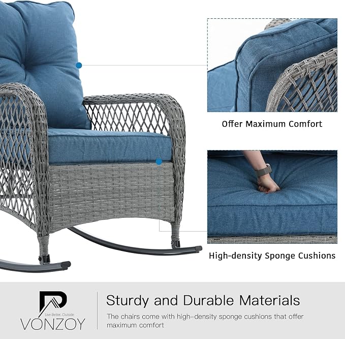 Patio Furniture Set 3 Pieces, Wicker Rocking Bistro Set with Thick Cushions, Outdoor Rocker Chairs and Coffee Table for Porch, Backyard or Garden (Blue) - Image 5