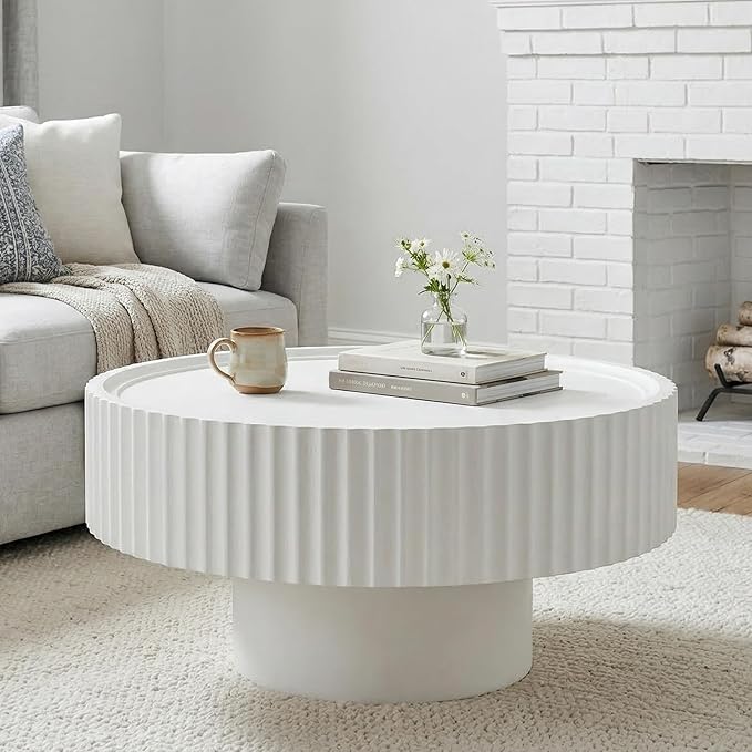 Round Coffee Table, Modern Living Room Table, Wood Center Table with Fluted Drum, Circle Coffee Tables with Fine Grain Textured Tabletop, Farmhouse Tea Tables for Living Room,30.3×13.7in
