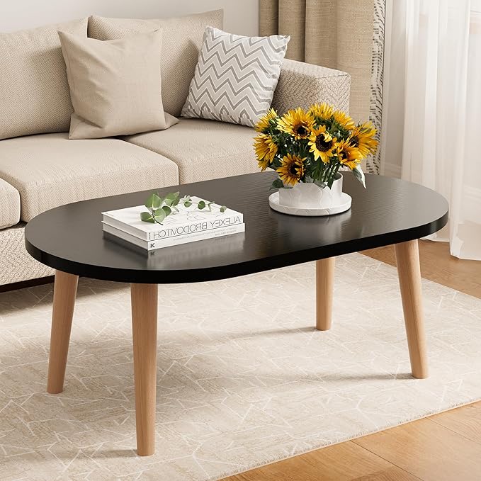Coffee Table Low Table with Solid Wood Legs, Small Oval Coffee Table Side Table, Floor Table Desk for Sitting on The Floor, Storage and Living Room Furniture for Office Apartment Home, Black