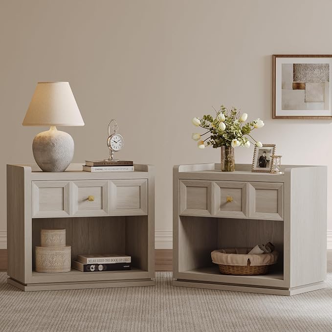 SICOTAS Night Stand Set 2, 26" Wide Nightstands with Drawer, Large Queen Size Nightstands Set of 2, Modern Bedside Table for Bedroom, Side End Table, Grey White Oak - Image 8