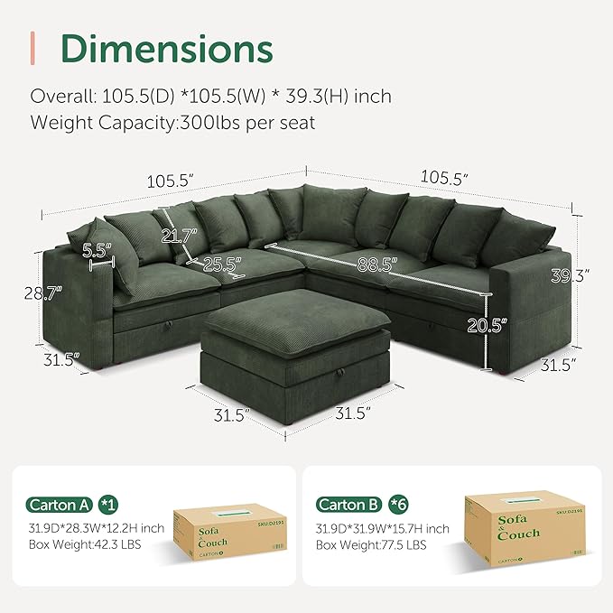 HONBAY Modular Sectional Sofa, 6 Seaters Corduroy Sectional Couchwith Ottoman, L Shaped Sofa with Storage & Pillows, Green