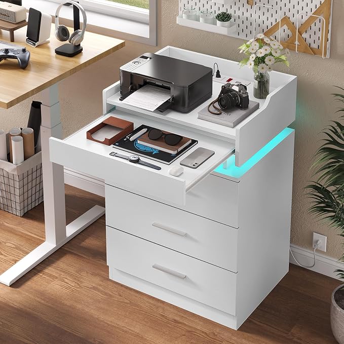 HAUOMS LED Nightstand with Charging Station,Night Stand with Pull-Out Shelf,Bedside Table with Drawers,Modern End Table Side Table Storage Cabniet,White - Image 6