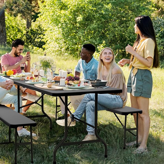VINGLI Picnic Table Set with 2 Benches, 6 Feet Camping Table Chair Set, 3-Piece Folding Furniture for Indoor or Outdoor Use, Tree Patterned HDPE Tabletop, Black - Image 6