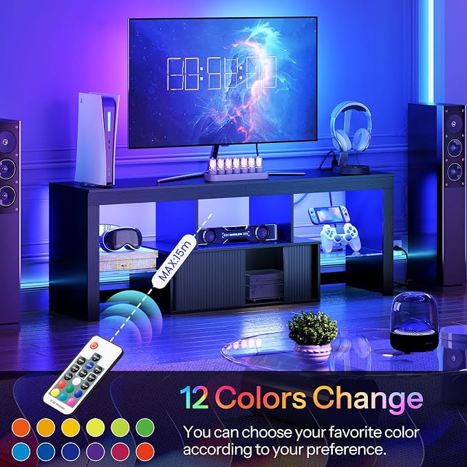 CHOEZON TV Stand with Power Outlet, Modern TV Cabinet for 55 60 inch TVs, Media TV Console with LED Light Strip, Media Entertainment Center with Storage, for Living Room, Bedroom, Black MDS02UDBB - Image 5