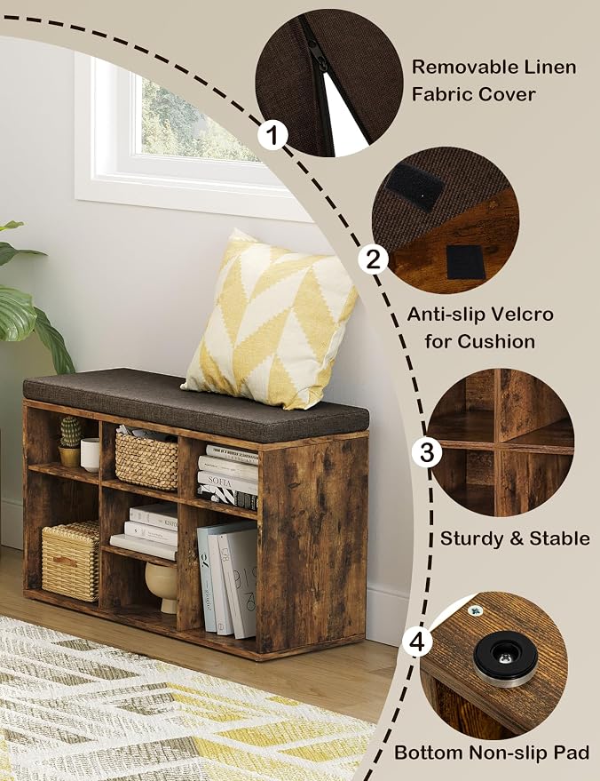 DINZI LVJ Shoe Storage Bench with Cushion, Cubby Rack with 9 Cubbies, Adjustable Shelves, Multifunctional Organizer Bench for Entryway, Mudroom, Hallway, Closet and Garage, Rustic Brown - Image 8