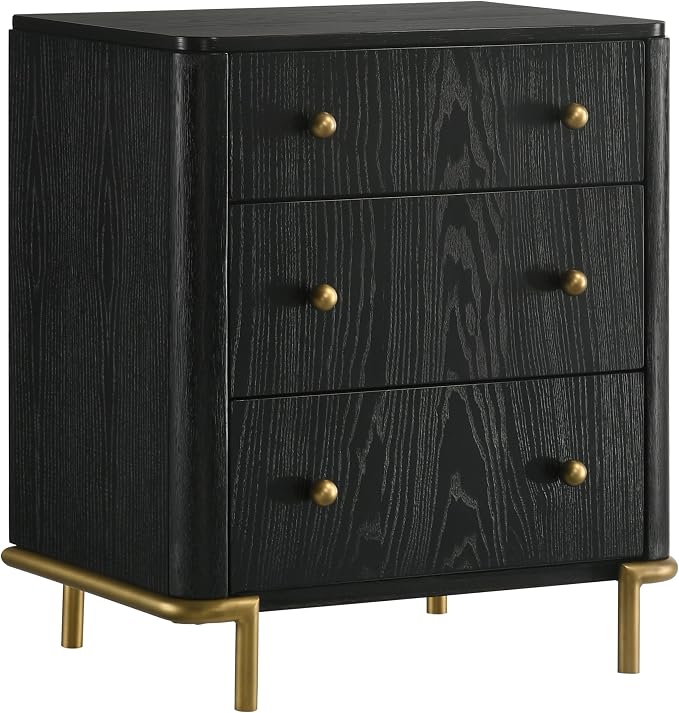 Coaster Home Furnishings - Arini - Wood - 3-Drawer Nightstand with Dual USB Ports, Felt-Lined Top Drawer, Aged Brass Round Knobs and Metal Base - Bedroom - Black - 224332 by CoasterFineFurniture