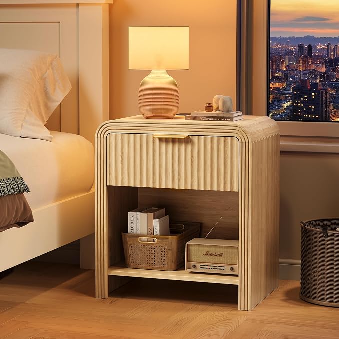 Decofy Fluted Nightstand with Charging Station, Modern Bedroom Side Table with Gold Handles, Curved Profile Design, End Table Wood Organizer for Bedroom, Open Shelf & 1 Drawers (1 Pack, Natural Oak) - Image 7