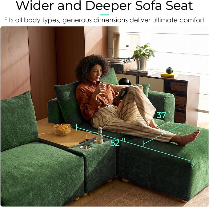 LINSY HOME Cloud Couch Sectional, Modular Sofa Sectionals for Living Room Bedroom, 91" U Shape Love Seat Couch with Ottoman, 2 Seater Deep Seat Cozy Couch Luxury Chenille Sofas, Green