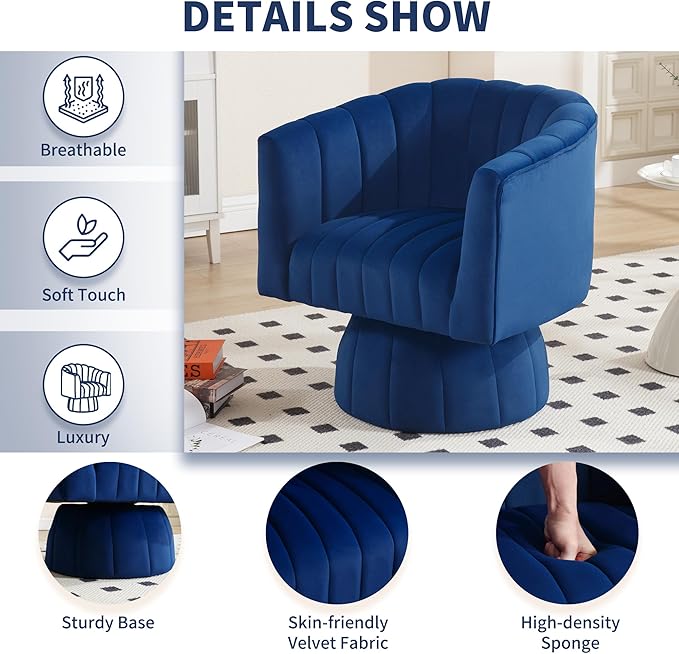 Swivel Accent Barrel Chair - Cute Comfy Small Round 360° Arm Chair Velvet Sofa Club Reading Chair for Living Room Bedroom Office Dark Blue